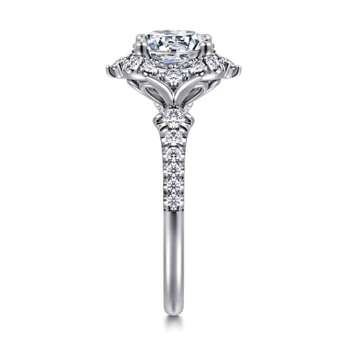 Unique 14K White Gold Vintage Inspired Round Halo Diamond Engagement Ring