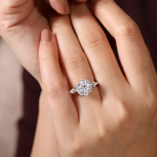 Unique 14K White Gold Vintage Inspired Round Halo Diamond Engagement Ring