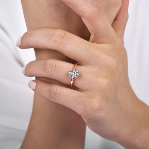 Unique 14K White-Rose Gold Fancy Halo Round Diamond Engagement Ring