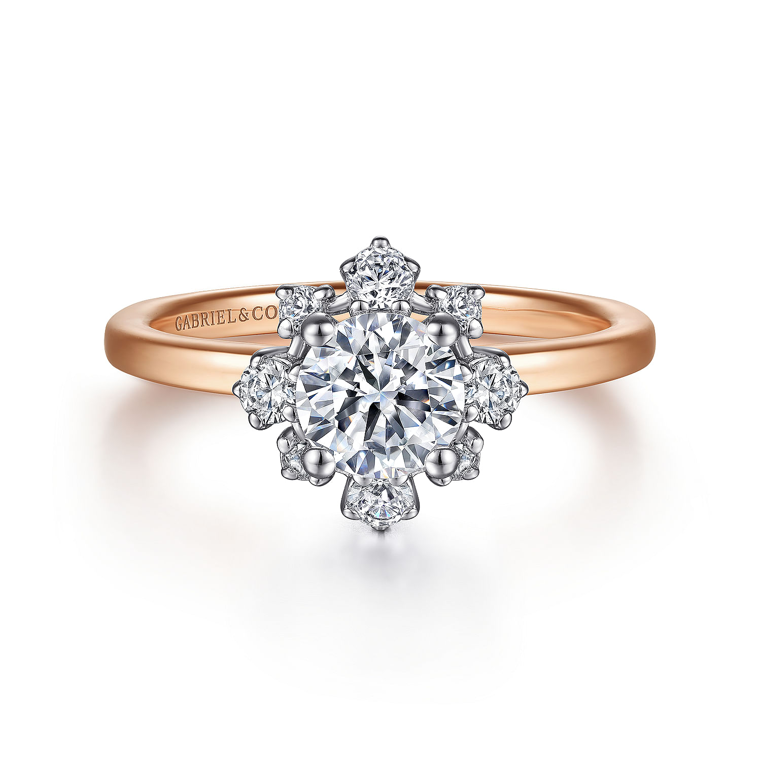 Gabriel - Unique 14K White-Rose Gold Fancy Halo Round Diamond Engagement Ring