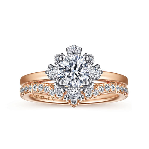 Unique 14K White-Rose Gold Fancy Halo Round Diamond Engagement Ring