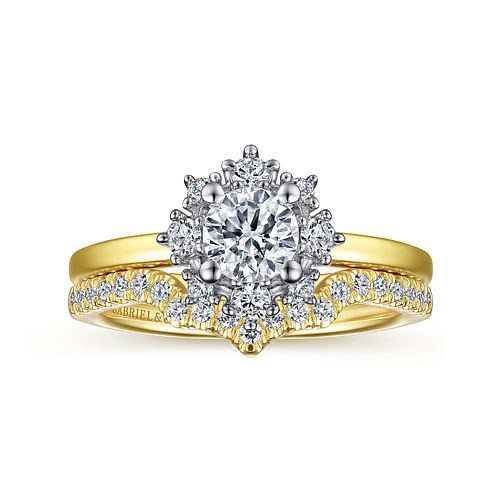 Unique 14K White-Yellow Gold Halo Diamond Engagement Ring