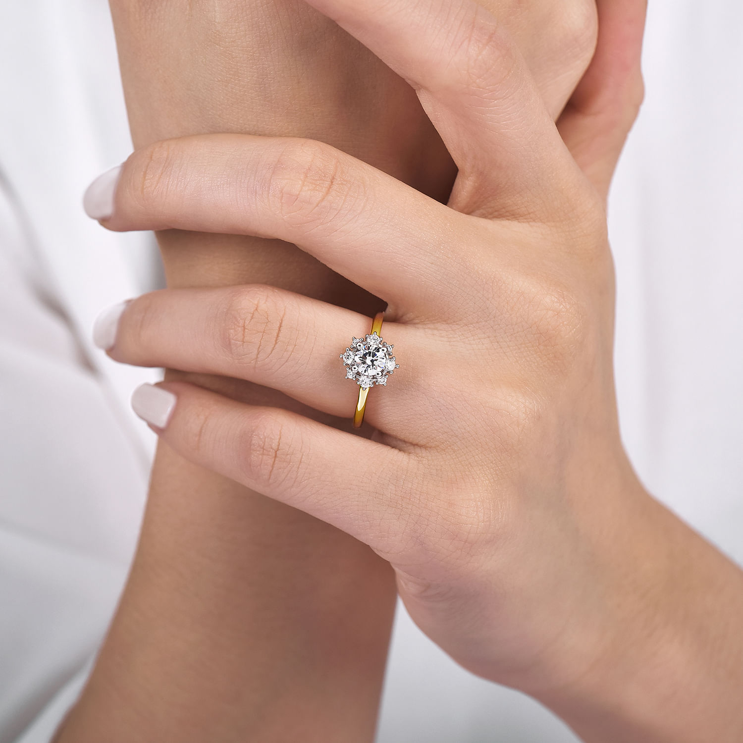 Unique 14K White-Yellow Gold Halo Diamond Engagement Ring