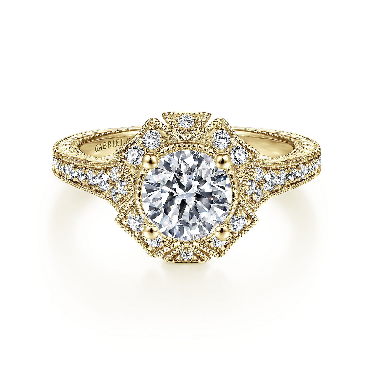 Unique 14K Yellow Gold Art Deco Halo Diamond Engagement Ring