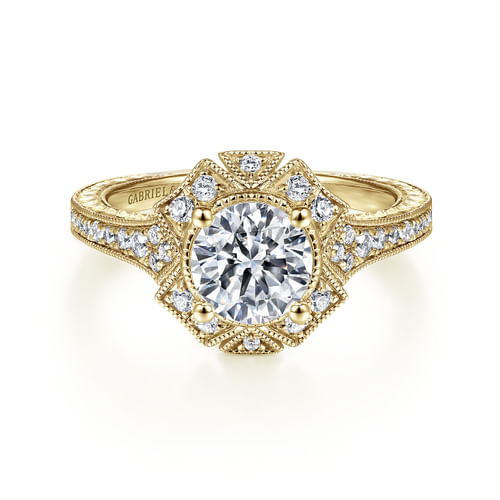 Unique 14K Yellow Gold Art Deco Halo Diamond Engagement Ring