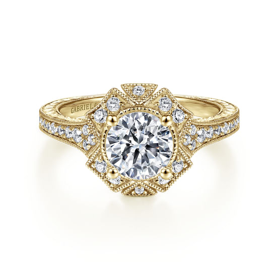Gabriel - Unique 14K Yellow Gold Art Deco Halo Diamond Engagement Ring