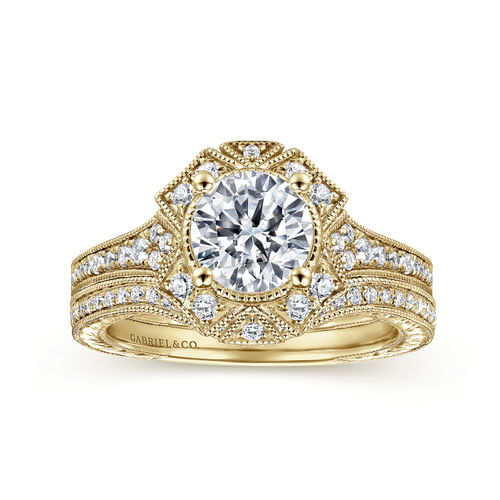 Unique 14K Yellow Gold Art Deco Halo Diamond Engagement Ring