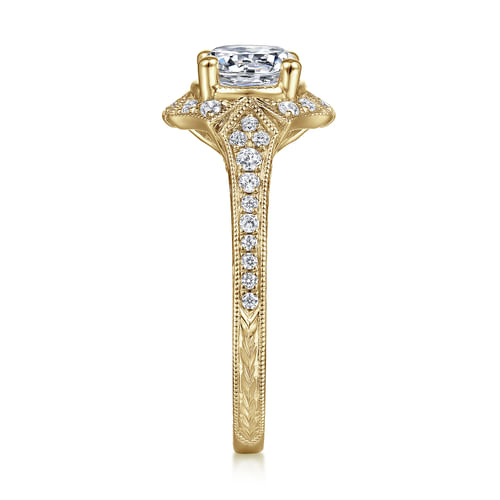 Unique 14K Yellow Gold Art Deco Halo Diamond Engagement Ring
