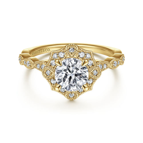 Unique 14K Yellow Gold Art Deco Halo Diamond Engagement Ring