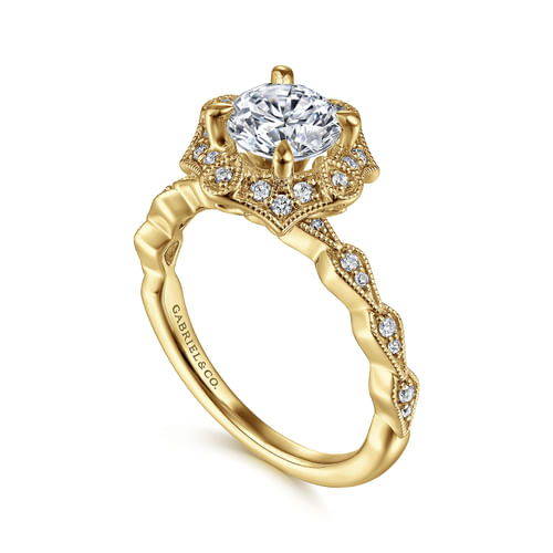 Unique 14K Yellow Gold Art Deco Halo Diamond Engagement Ring