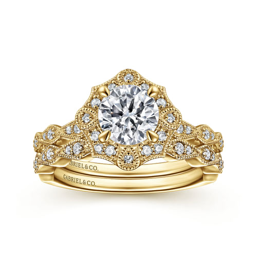 Unique 14K Yellow Gold Art Deco Halo Diamond Engagement Ring
