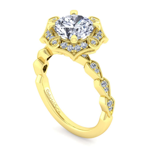 Unique 14K Yellow Gold Art Deco Halo Diamond Engagement Ring