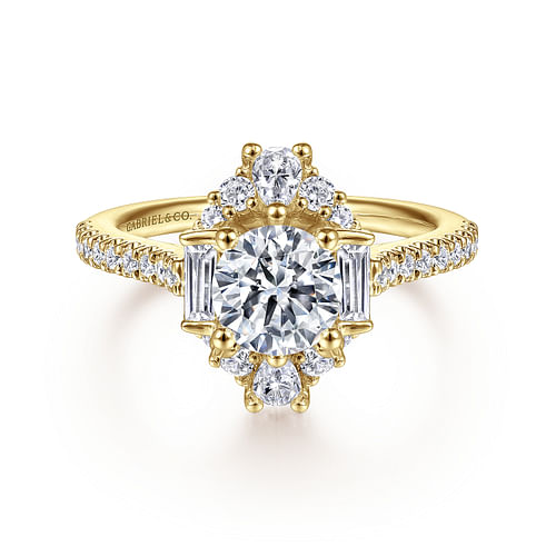 Unique 14K Yellow Gold Art Deco Halo Diamond Engagement Ring