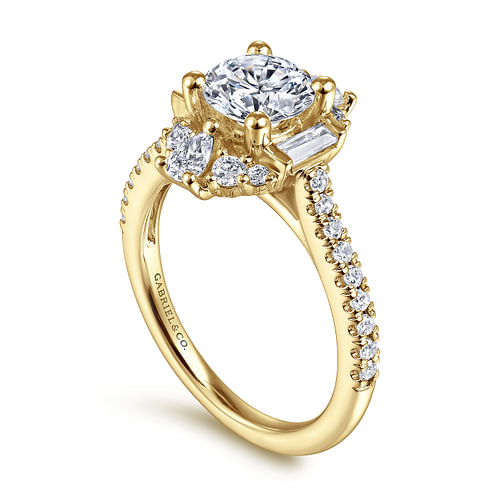 Unique 14K Yellow Gold Art Deco Halo Diamond Engagement Ring