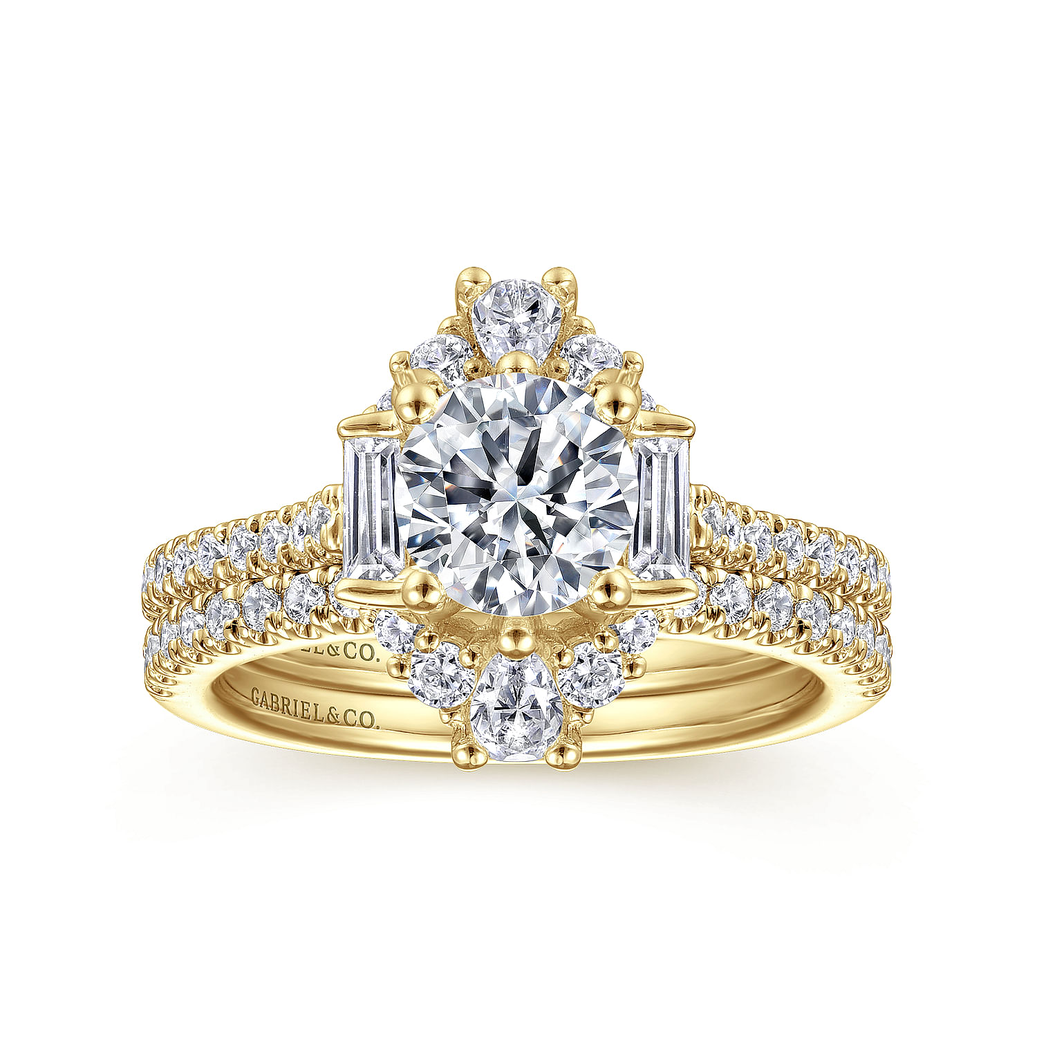 Unique 14K Yellow Gold Art Deco Halo Diamond Engagement Ring