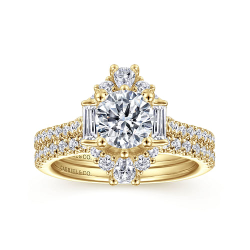 Unique 14K Yellow Gold Art Deco Halo Diamond Engagement Ring