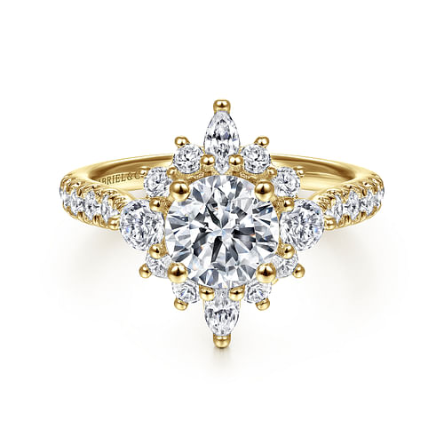 Unique 14K Yellow Gold Round Halo Diamond Engagement Ring