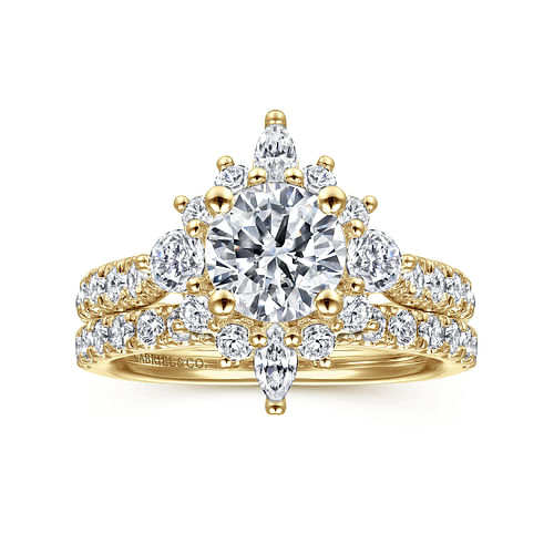 Unique 14K Yellow Gold Round Halo Diamond Engagement Ring