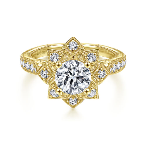 Unique 14K Yellow Gold Round Halo Diamond Engagement Ring