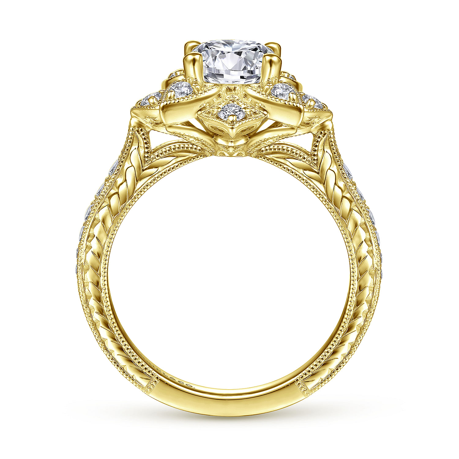 Unique 14K Yellow Gold Round Halo Diamond Engagement Ring