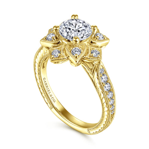Unique 14K Yellow Gold Round Halo Diamond Engagement Ring