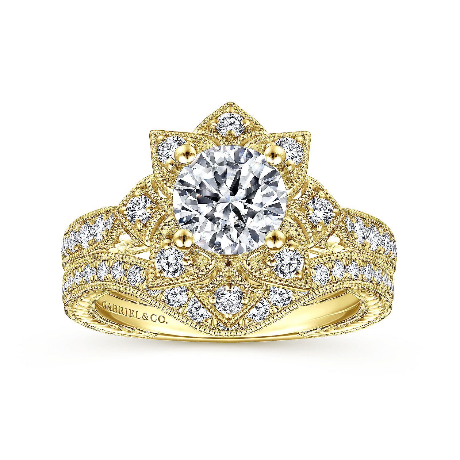 Unique 14K Yellow Gold Round Halo Diamond Engagement Ring