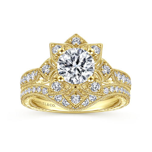 Unique 14K Yellow Gold Round Halo Diamond Engagement Ring
