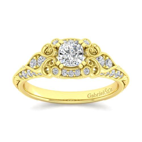 Unique 14K Yellow Gold Vintage Inspired Cushion Halo Diamond Engagement Ring