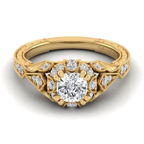 Unique 14K Yellow Gold Vintage Inspired Cushion Halo Diamond Engagement Ring