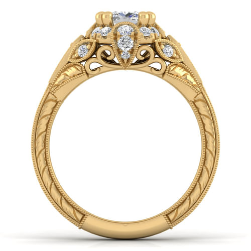 Unique 14K Yellow Gold Vintage Inspired Cushion Halo Diamond Engagement Ring