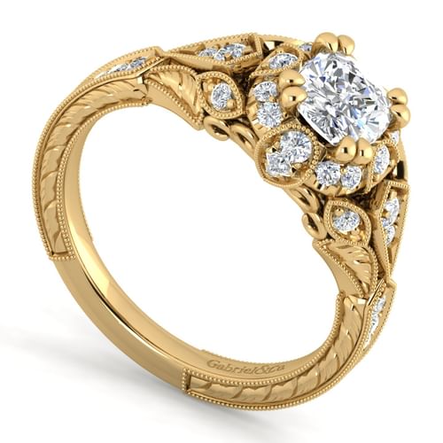 Unique 14K Yellow Gold Vintage Inspired Cushion Halo Diamond Engagement Ring