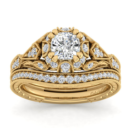 Unique 14K Yellow Gold Vintage Inspired Cushion Halo Diamond Engagement Ring