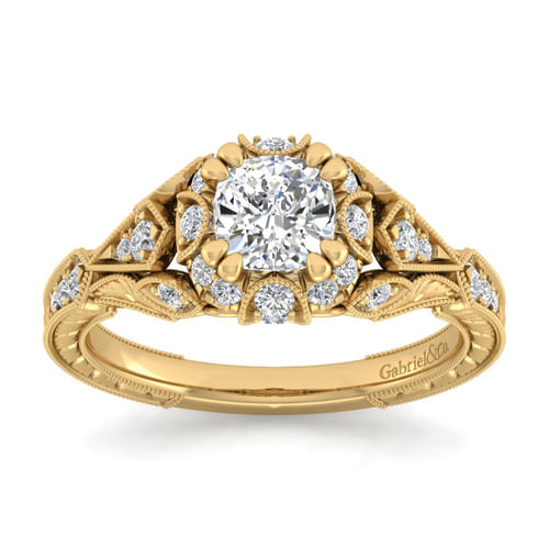 Unique 14K Yellow Gold Vintage Inspired Cushion Halo Diamond Engagement Ring