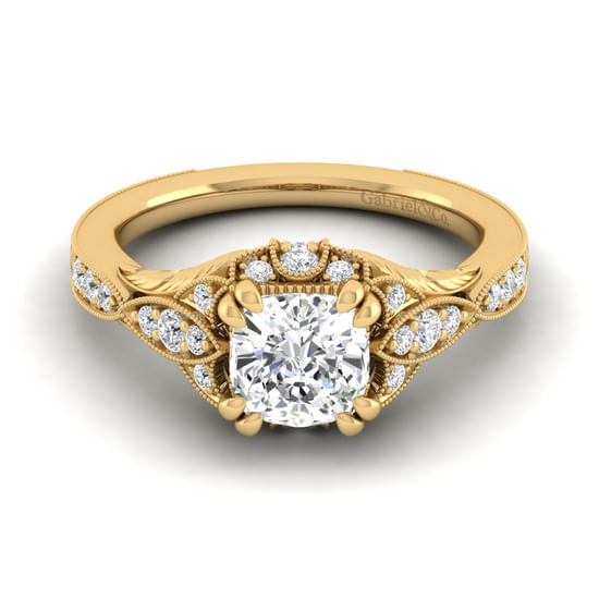 Gabriel - Unique 14K Yellow Gold Vintage Inspired Cushion Halo Diamond Engagement Ring