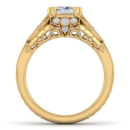 Unique 14K Yellow Gold Vintage Inspired Cushion Halo Diamond Engagement Ring