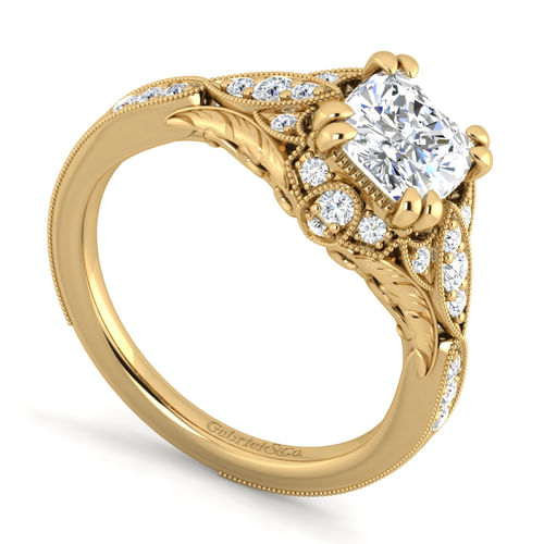 Unique 14K Yellow Gold Vintage Inspired Cushion Halo Diamond Engagement Ring