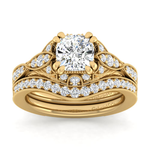 Unique 14K Yellow Gold Vintage Inspired Cushion Halo Diamond Engagement Ring