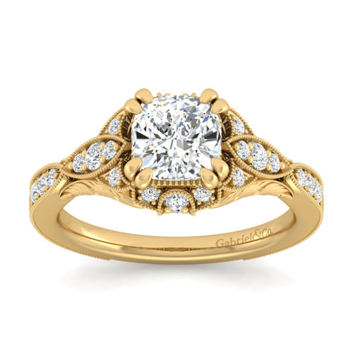 Unique 14K Yellow Gold Vintage Inspired Cushion Halo Diamond Engagement Ring