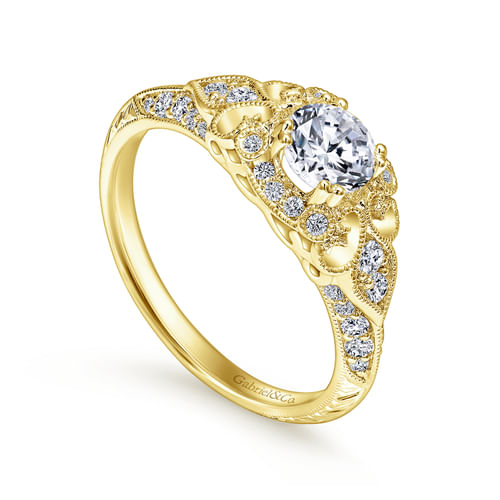 Unique 14K Yellow Gold Vintage Inspired Diamond Halo Engagement Ring