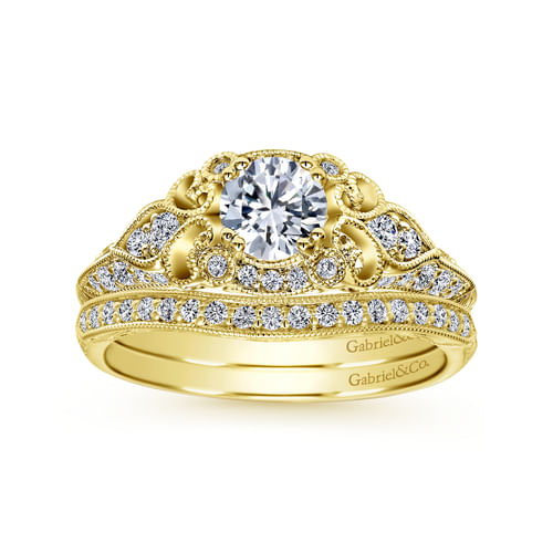 Unique 14K Yellow Gold Vintage Inspired Diamond Halo Engagement Ring