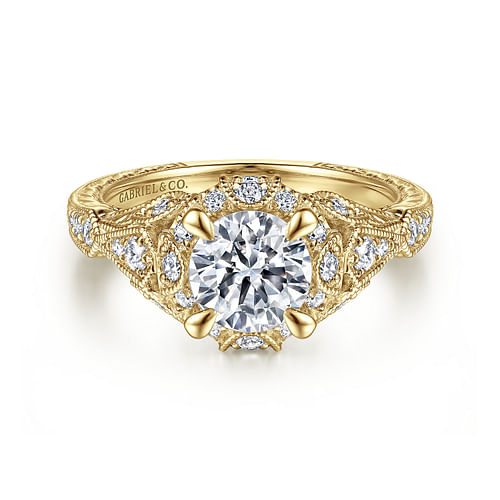 Unique 14K Yellow Gold Vintage Inspired Diamond Halo Engagement Ring