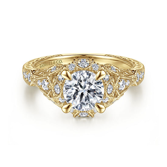 Gabriel - Unique 14K Yellow Gold Vintage Inspired Diamond Halo Engagement Ring