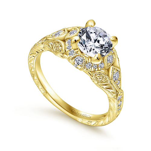 Unique 14K Yellow Gold Vintage Inspired Diamond Halo Engagement Ring