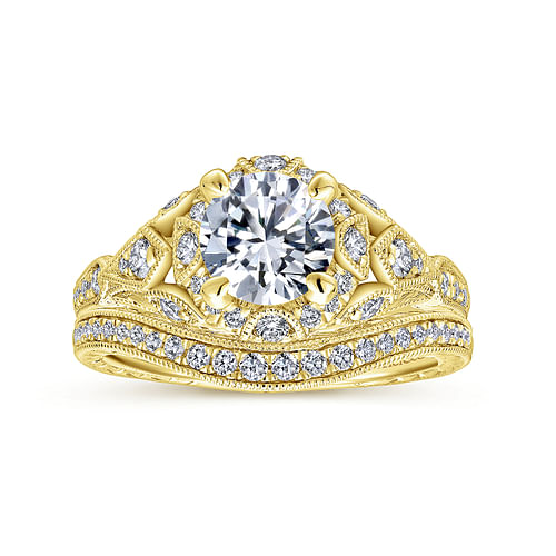 Unique 14K Yellow Gold Vintage Inspired Diamond Halo Engagement Ring