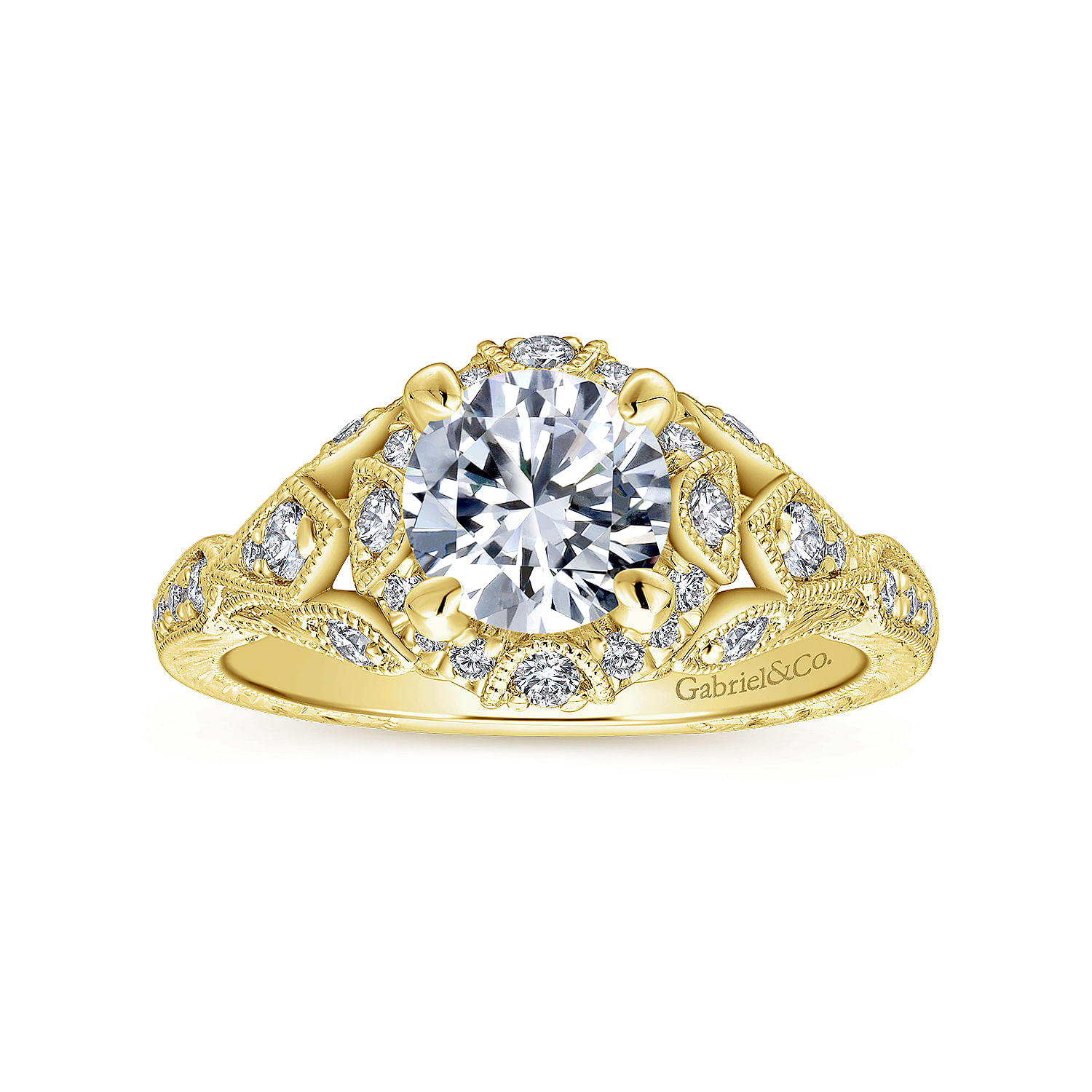 Unique 14K Yellow Gold Vintage Inspired Diamond Halo Engagement Ring