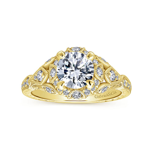 Unique 14K Yellow Gold Vintage Inspired Diamond Halo Engagement Ring
