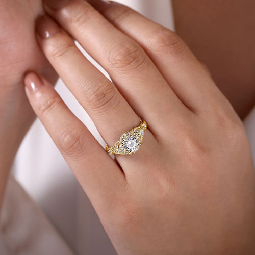 Unique 14K Yellow Gold Vintage Inspired Diamond Halo Engagement Ring