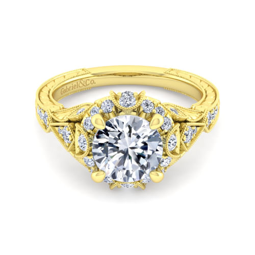 Unique 14K Yellow Gold Vintage Inspired Diamond Halo Engagement Ring