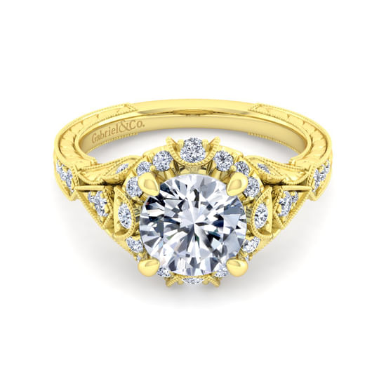 Gabriel - Unique 14K Yellow Gold Vintage Inspired Diamond Halo Engagement Ring