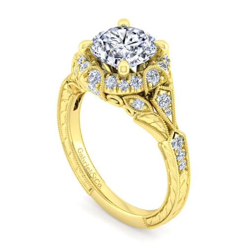 Unique 14K Yellow Gold Vintage Inspired Diamond Halo Engagement Ring